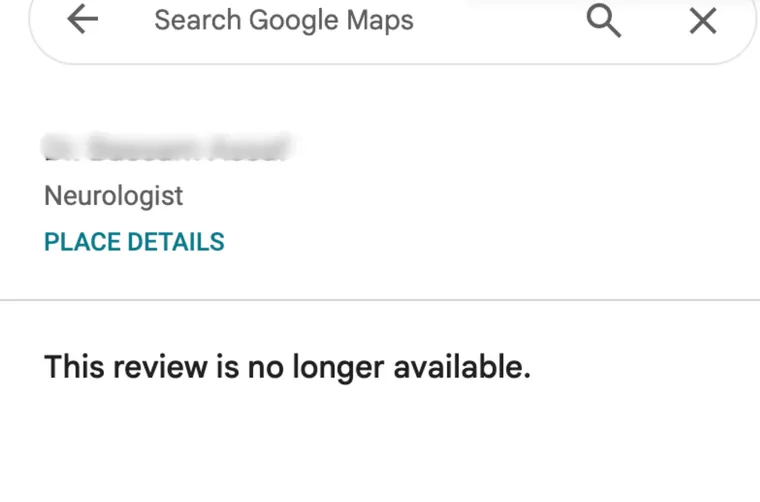 A Google review that now reads: This review is no longer available