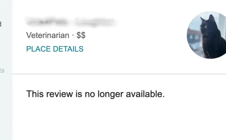 A Google review that now reads: This review is no longer available