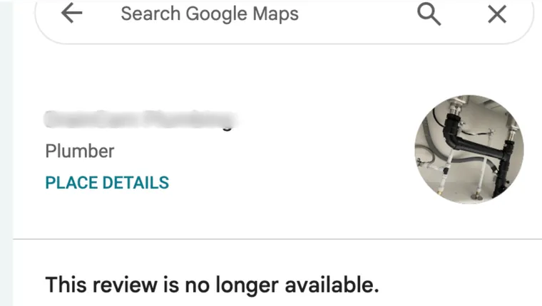 A Google review that now reads: This review is no longer available