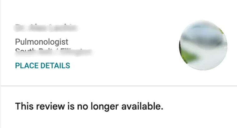 A Google review that now reads: This review is no longer available