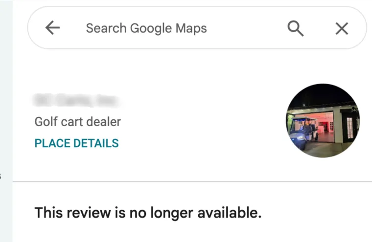 A Google review that now reads: This review is no longer available