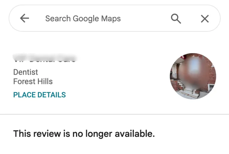 A Google review that now reads: This review is no longer available