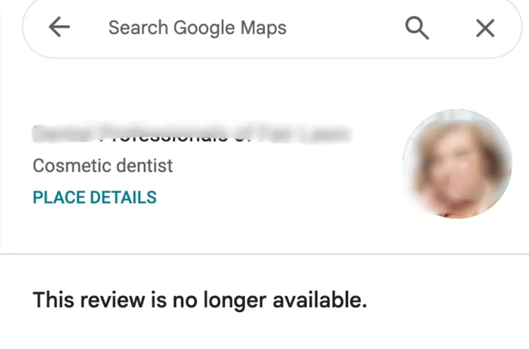 A Google review that now reads: This review is no longer available