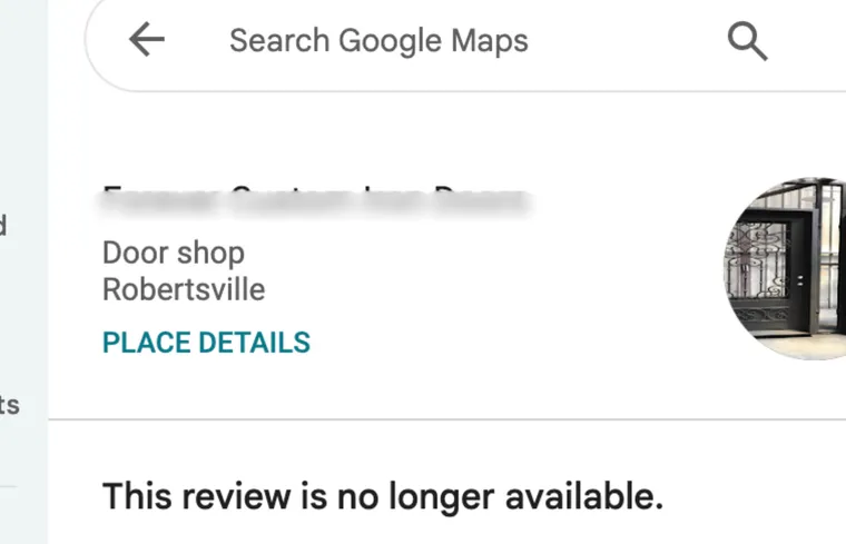 A Google review that now reads: This review is no longer available