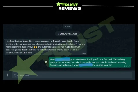 Chat message from a client saying their Trustpilot score has climbed since the fake reviews stopped