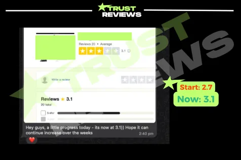Trustpilot profile that rose from 2.7 to 3.1 stars, with the client’s message about the progress
