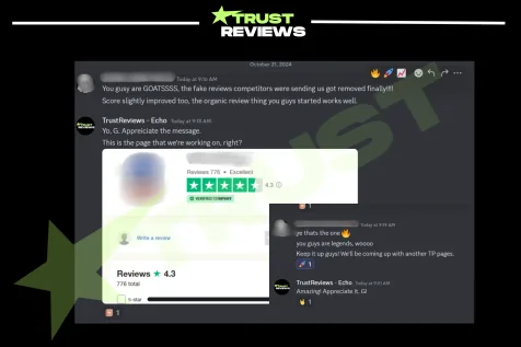 Chat where a client says the fake reviews competitors sent them were removed, beside their 4.3 star Trustpilot profile