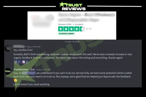 Trustpilot profile at 4.7 stars from 8,904 reviews, above a client’s thank-you message