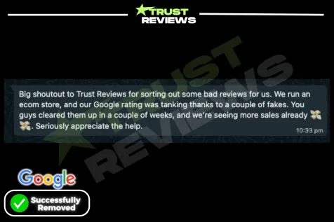 Message from an online store owner whose fake Google reviews were cleared, marked successfully removed