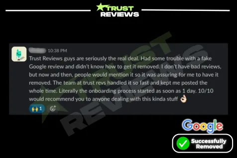Client message about a fake Google review the team removed, marked successfully removed