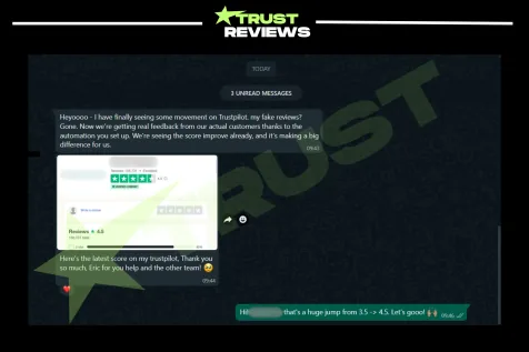 Chat where a client says their fake Trustpilot reviews are gone and the score went from 3.5 to 4.5