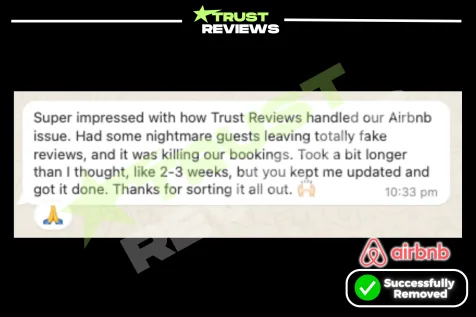 Client message saying fake guest reviews on Airbnb were removed, marked successfully removed