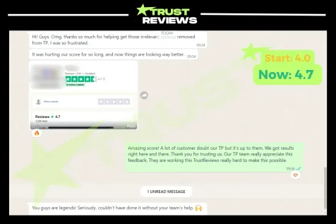 Chat where a client thanks the team for removing irrelevant Trustpilot reviews, with the score up from 4.0 to 4.7