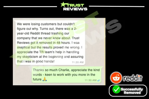 Client message saying a two-year-old Reddit thread about their company was removed, marked successfully removed
