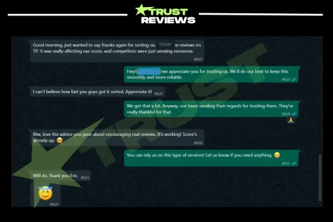 Chat where a client thanks the team for sorting out fake Trustpilot reviews from competitors