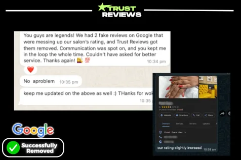 Message from a salon owner whose two fake Google reviews were removed, marked successfully removed