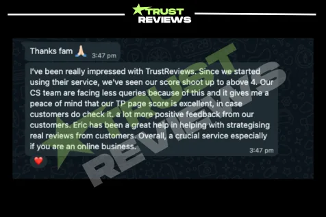 Client message saying their Trustpilot score rose above 4 and their support team gets fewer questions
